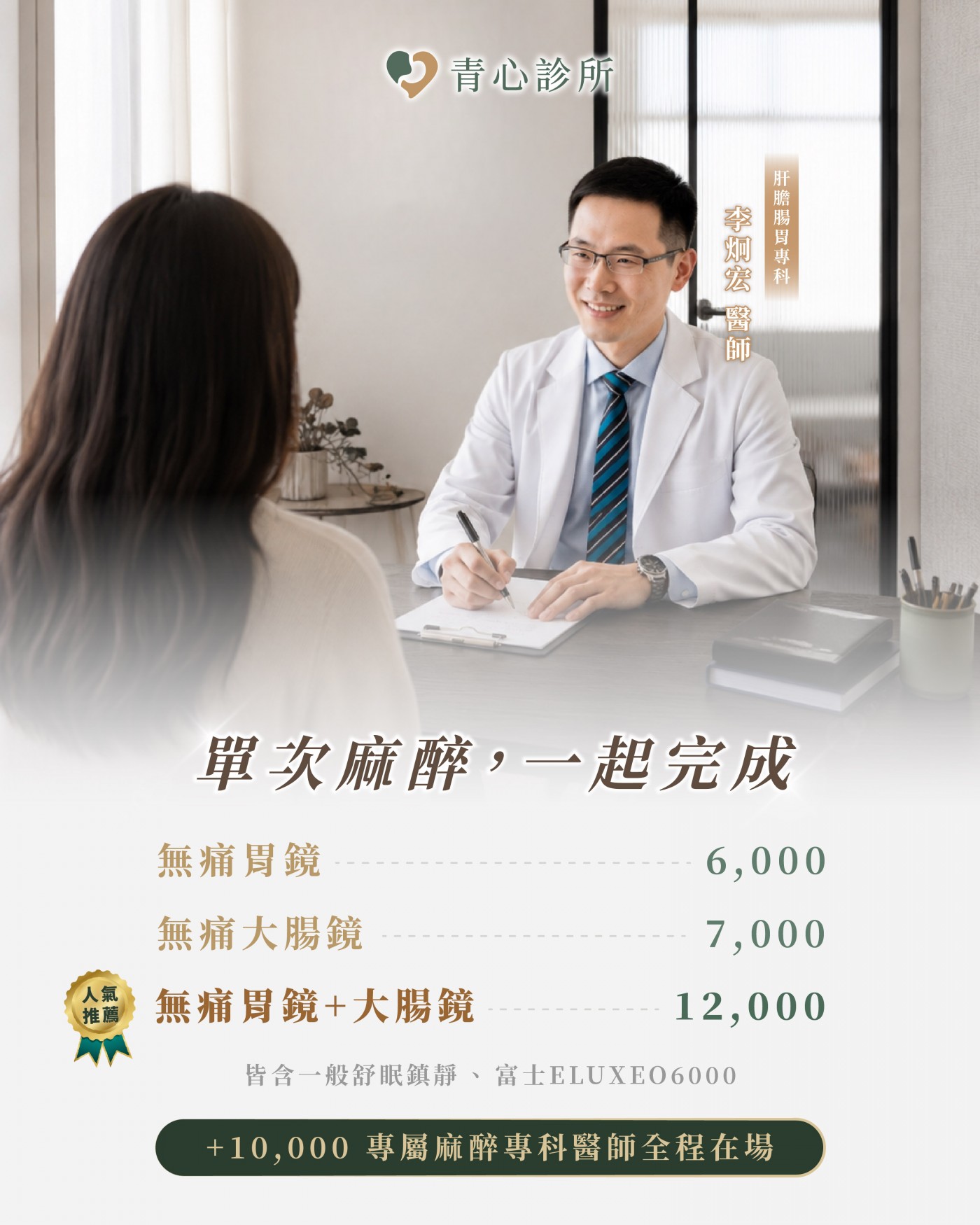 青心診所無痛胃鏡費用｜胃鏡 6,000、大腸鏡 7,000、雙鏡同日 12,000 元，含舒眠鎮靜與富士 ELUXEO 6000，可＋10,000 升級麻醉專科醫師全程在場